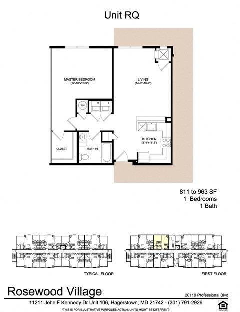 Floor plan for 1 bed, 1 bath, 838 sqft